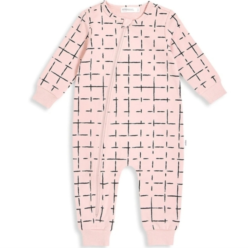Miles Pink Grid Print Long-sleeve Coveralls - Size 24 Months